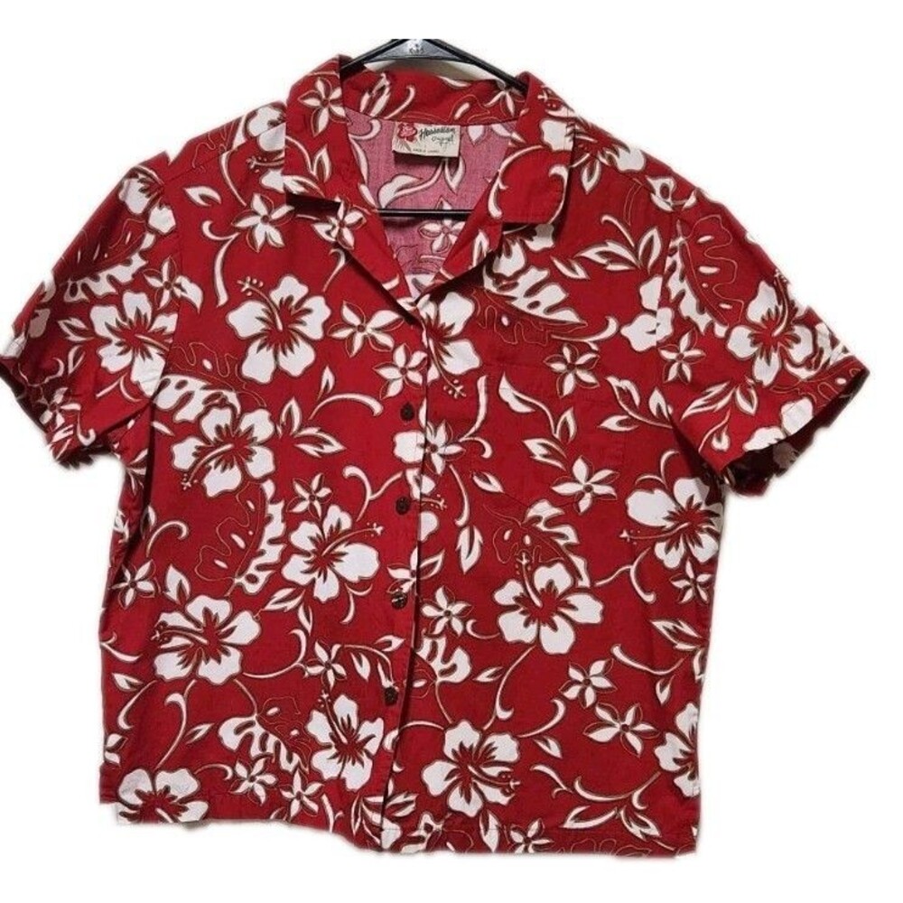 Hilo Hattie Hawaiian Original Shirt Tropical Made In Hawaii Mens L Red Hibiscus
